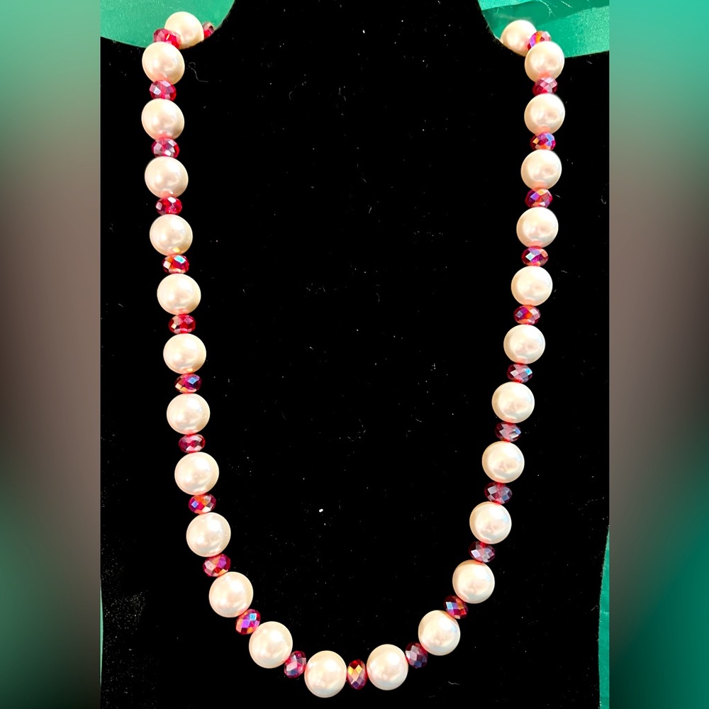 Vintage Estate Pink Crystal Faux Pearl Necklace, Magnetic Rhinestone Closure 20"